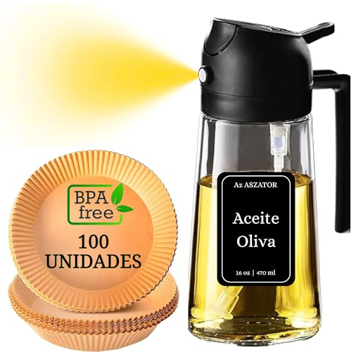 ÁZ ÁSZATOR Pulverizador Aceite Spray 2 en 1 + Set de 100 Papel Freidora Aire 20cm + 8 Etiquetas Personalizables, Aceitera Spray Pulverizador 470ml (Vidrio) para Cocinar, Air Fryer, Barbacoa, Ensaladas