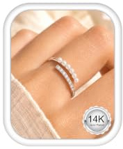 Morfetto 14K Gold Plated Adjustable Rings for Women Pearl& Cubic Zirconia | Hypoallergenic Cute Dainty Stacking Thumb Silver Rings Set Wedding Engagement Promise Ring Non Tarnish Waterproof Jewellery