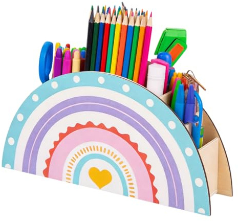 Veebmys Pot à Crayons Multifonctionnel En Bois Arc-En-Ciel Avec Cinq Compartiments Pour Ranger Les Cosmétiques Et Les Articles De Papeterie, Adapté Aux Chambres d'Enfants Et Aux Écoles