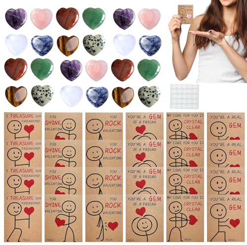 gifyym Juego de 24 tarjetas de San en forma de corazón con piedras preciosas – Cristales acrílicos con pegamento incluido, ideal para intercambios en clase, y regalos, tarjetas de 8 x 6 cm