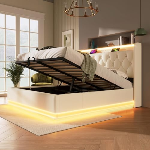 Double Ottoman Bed Frame with Hydraulic Storage, 4ft6 Upholstered Platform Bed Frame with 360 Surround LED Lighting and Charging Station, Gas Lift Up Storage Bed with Slats, White, PU, No Mattress