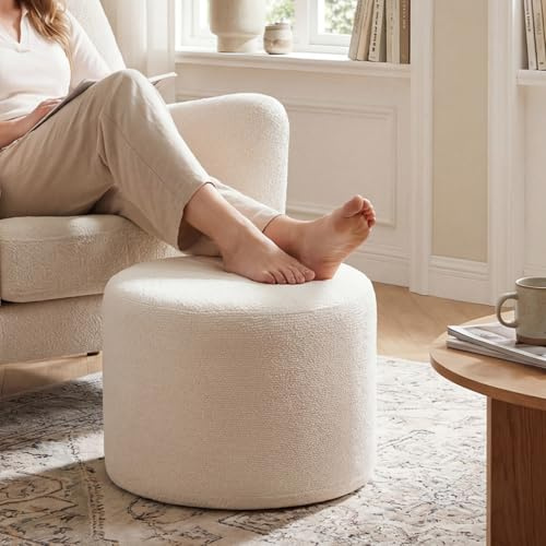 COSTWAY Round Pouf Ottoman, Loop Yarn Fabric Footstool Bean Bag with Foam Chunk Filling and Machine-Washable Cover, Stuffed Furry Fluffy Foot Rest for Living Room Bedroom, 44x44x35cm, Beige