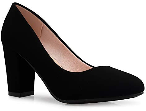 Olivia K Women's Classic Round-Toe Platform Pumps High Block Heel - Adorable, Comfortable (8,Black Nubuck*, Numeric_8)