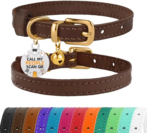 Collare in pelle per gatti Bronzedog con campanelle rimovibili, senza sgancio rapido, etichetta QR per gattini per ragazza e ragazzo (17,8 - 22,9 cm per gatti, Marrone scuro & Oro)