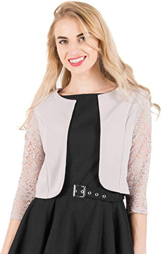 BlackButterfly Women's 3/4 Lace Sleeve Bolero | Open Front, Pull-On, No Fastenings, Floral Embellishment, Medium Stretch, Sizes XS-5XL, Weddings & Parties