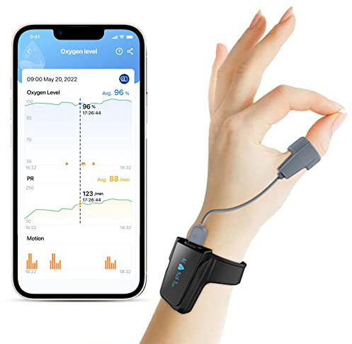 Pulsossimetro da Dito, Saturazione di Ossigeno da Dito Monitor di Ossigeno nel Sonno con Allarme per Notturna, Pulsossimetro da polso Bluetooth con APP Gratuita
