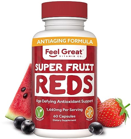 Feel Great Vitamins Superfruit Reds – Antioxidant Superfood with Polyphenols for Anti-Aging & Immune Support – Acai, Mangosteen, Pomegranate, Blueberry & Much More – 60 Capsules
