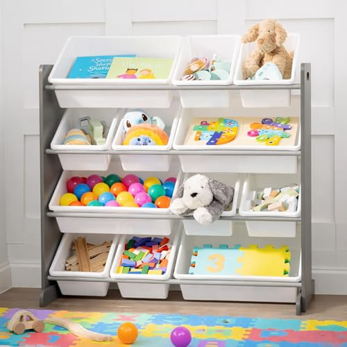 LIVIVO 4 Tier Kids Toy Storage Unit - Children Storage Unit for Books and Toy Organiser with 12 Plastic Boxes Drawers Tubs - Kids Storage Units for Nursery, Playroom, Kindergarten - Grey-White
