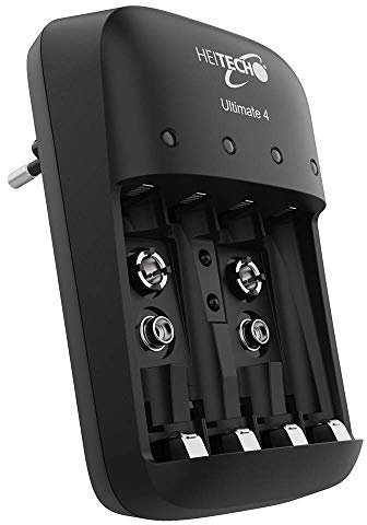 HEITECH Cargador Pilas Ultimate 4 - AAA, AA & 9V NiMH Cargador de Pilas - Cargador de baterías cuádruple para Cargar y descargar baterías Recargables y baterías Recargables - Cargador rápido