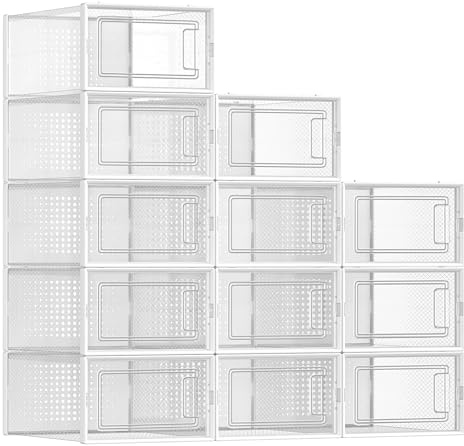 SONGMICS Shoe Boxes, Pack of 12 Shoe Storage Organizers, Stackable Clear Plastic Boxes for Closet, Sneakers, 13.1 x 9.1 x 5.6 Inches, Transparent and White ULSP12SWT