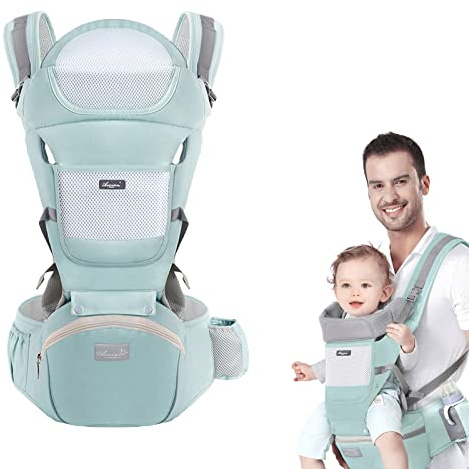 Huifen Baby Carrier with Hip Seat, Multi-Functional 9 in 1 Baby Wrap Carrier Newborn to Toddler for All Seasons Ergonomic Baby Sling Carrier Hands Free Baby Backpack 7-45 lbs (Green)