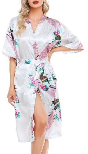 Lovasy Kimono Dressing Gowns Satin Kimono Robe Peacock And Blossoms Silk Dressing Gown for Women UK Long Silk Bride and Bridesmaid Robes