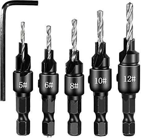 Bohrer Set 5X Bohrer Senker Holzbohrer Set Akku Stufenbohrer für Metall Holzbearbeitung #5#6#8#10#12 (Silber) (Silber)