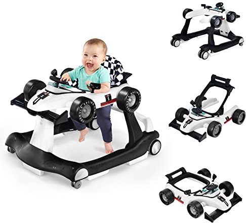 COSTWAY 4 in 1 Lauflernhilfe, Lauflernwagen klappbar mit einstellbarer Höhe & Geschwindigkeit, Baby Walker Autoförmig mit Musikbox, Licht & Rädern, Gehfrei Baby ab 6 Monaten, 12kg Belastbar (Weiß)