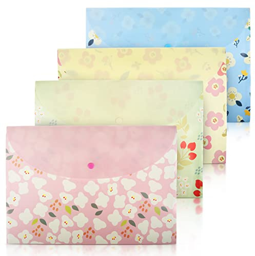 4pcs A4 Files Folder Fresh Floral Document Bag, PVC Envelope Folder Document Folder with Snap Button for School Home Work Office Organization Clear Colours Folders for Paperwork Plastic Folders