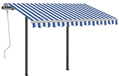 Homgoday Retractable Manual Sun Shade Awning for Balconies Awning with Extendable Arms Outdoor Sun Shade for Outdoor Fall with LED 3.5 x 2.5 m Blue and White