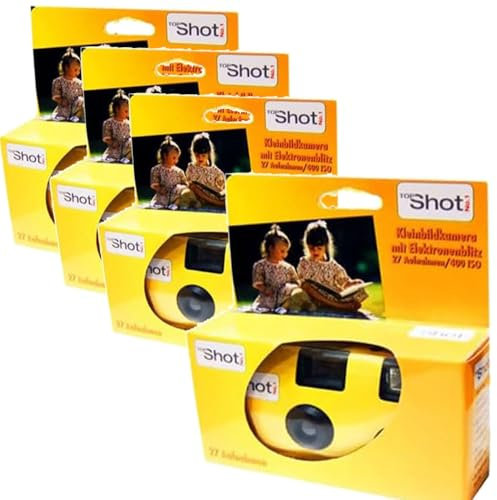4 x 1A Photo PORST Einwegkamera TopShot gelb/Hochzeitskamera/Partykamera (je 27 Fotos, mit Blitz und Batterien)