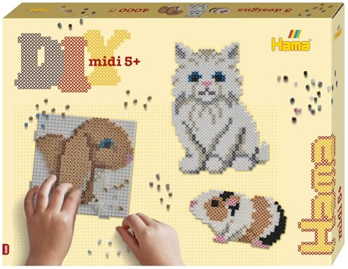Hama Beads 3160 Iron-On Beads Pets Gift Pack Crafts with Approx. 4,000 Midi Beads, 2 Square Peg Plates for Interlocking Design Template, Ironing Paper, for Children Aged 5 Years and Above