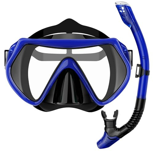 BuyCard Snorkel Mask,180 Degree Panoramic View Dry Top Snorkeling Gear，Safe Anti-Leak Anti-Fog Diving Mask, Snorkel Set and Swimming Goggles (Blue)