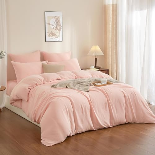 YASMENG Housse de Couette Gaze de Coton 140x200 Rose 100% Coton Parure de Lit Double en Gaze de Coton Doux Respirant Linge de Lit 1 Personne avec Fermeture Éclair et Taie d'oreiller 65x65 cm