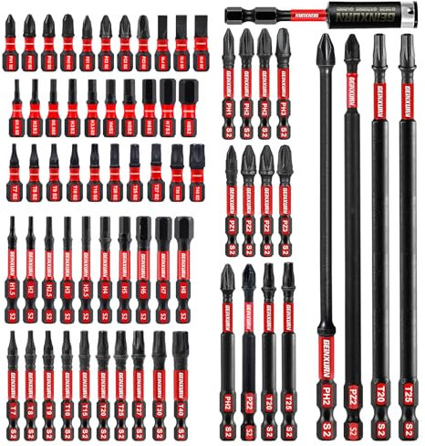 Geinxurn 68tlg. Schlagfester Schrauberbitsatz (PH-, TX-, PZ-, SL-, Hex-), 1/4 zoll Sechskantschaft S2 Legierter Stahl Bit Set mit 75mm Magnetische Bit-Halter