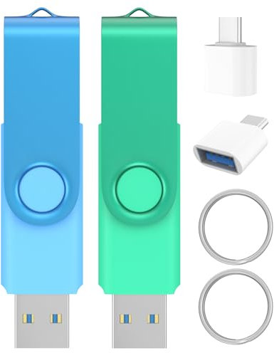 Wooolken Pendrive USB 3.0 64GB (Pack de 2) – Memoria USB Alta Velocidad en Azul Cielo y Verde Menta con Adaptadores USB-C y Llavero – Pen Drive Compacto para Oficina, Escuela, Viaje