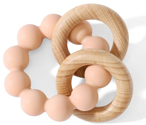 Socub Baby Teething Toys for 0-6 6-12 Months- BPA-Free Food-Grade Silicone & Natural Beech Wood Teether Ring for Newborn Infants Teething Relief- Easy-Grip Sensory Rattle Toys(Blush)