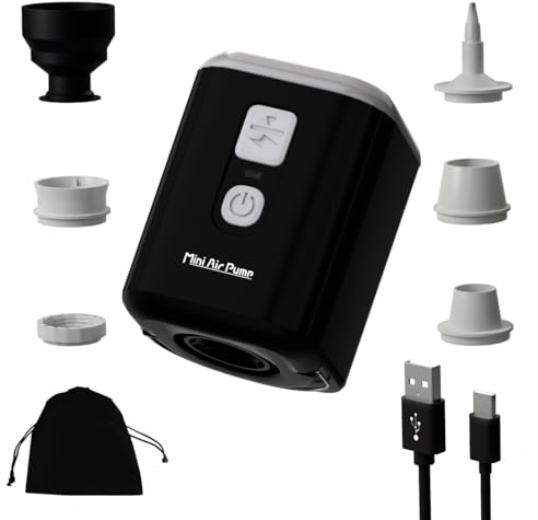 Huilynsen tragbare Mini-Luftpumpe elektrisch für Camping mit Licht - Ruhige Inflation/Deflation für Luftmatratze, Schwimmring, Pool & Vakuum-Speichertaschen mit 5 Düsen, 1600mAh Batterie