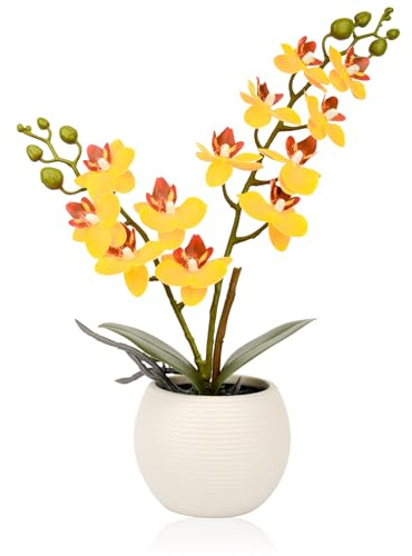 Olrla Flor de orquídea Artificial en Maceta para Interior, bonsái de imitación Phalaenopsis para decoración de hogar, Oficina, Fiesta, jardín (Amarillo)