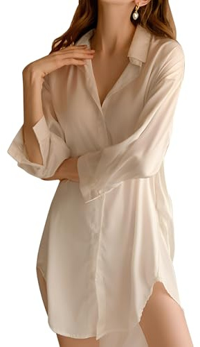 MIZSPISE Women Shirts White With Sleeve Sexy Nightdresses Short Nightwear Sheer Blouses Naughty Babydoll Ladies Chemise Dressing Gown Loungewear Pyjamas Bedroom Going Out One Size