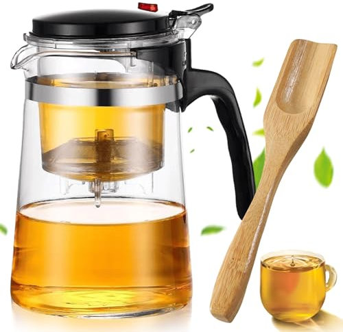 GBKDQQ Tetera de cristal con filtro de 500 ml, tetera para té y café a granel, tetera transparente con colador de acero inoxidable y cucharilla, tetera segura para té Kungfu, vaso de té con botón