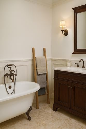 Biscottini Escalera decorativa de madera natural 128 x 34 x 4 cm – Toallero, porta plaid, escalera colgante toallas de bambú para salón y dormitorio – Toallero de pared de metal