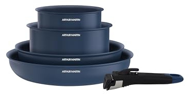 Arthur Martin - Batterie de Cuisine 5 Pièces en Aluminium 2,5 mm avec Revêtement Céramique, Poêles 22-26 cm et Casseroles 16-18 cm, Poignée Effet Bois, Tous Feux, Bleu