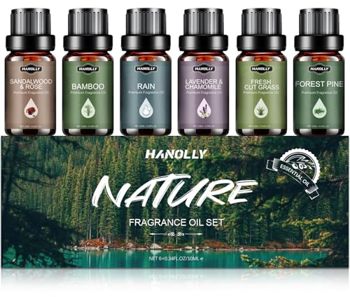 HANOLLY Eteriska Oljor NATUREN 6 x 10ML, Set med Naturliga Eteriska Oljor för Diffusor Aromaterapi, Tvål, Ljus, Spa, Sandelträ & Ros, Bambu, Regn, Lavendel & Kamomill, Nyslått Gräs, Skogstall