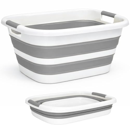 edihome Barreño Plegable 26 L – Cesto Ropa Colada de Plástico y Silicona con Asas, Cesta Multiusos Para Lavadora al Tendedero, Laundry Basket y Almacenaje Hogar (Gris, M)