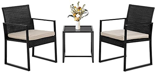 FDW | 3-Piece Patio Furniture Set | Khaki |Outdoor Wicker Furniture with Coffee Table | Modern Rattan Chairs Conversation Set | Outdoor Seating | Weather-Resistant | for Porch, Garden, Lawn
