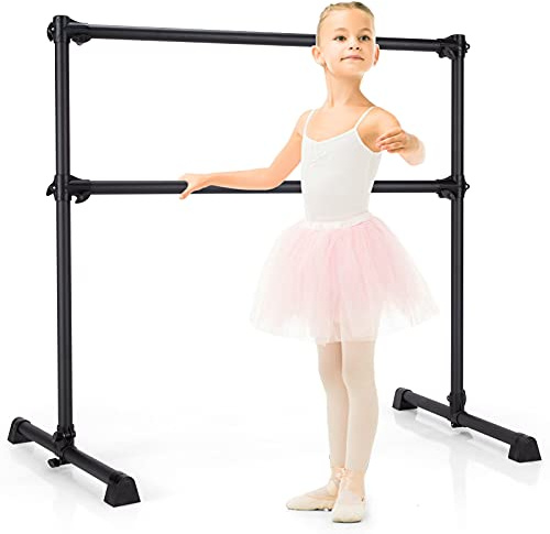 Goplus Double Ballet Barre Bar, Portable 4 FT Freestanding Dancing Bar w/ 7” - 46” Adjustable Height, Barre Exercise Equipment Bar for Home School Gym, Ballet Bar for Kids & Adults (Black)