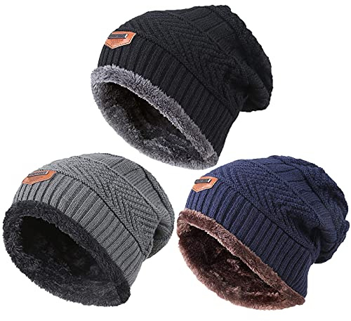 T WILKER Kids Winter Knitted Hats Warm Fleece Lining Cap for 5-14 Year Old Boys Girls (3 hat (Black,Grey,Blue))