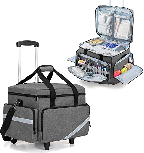 Trunab Borsa medica arrotolabile con carrello staccabile, borsa a rullo da infermiera con divisori rimovibili, borsa per primo soccorritore vuota su ruote per infermieri, dottori, Grigio, 45.2 cm x