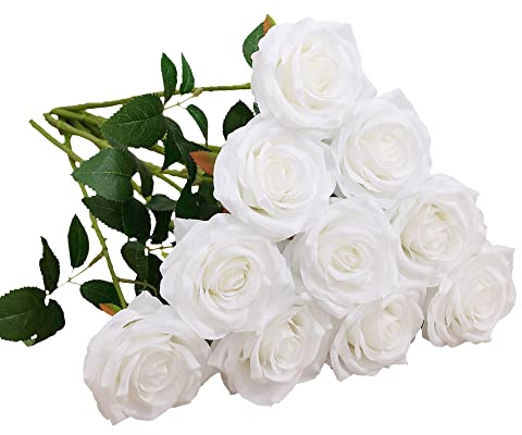 IUKnot Konstgjord ros 10 st öppen blombukett fuskrosstjälkar för bröllopsarrangemang, brudbukett, mittpunkt, falska silkesblommor (vit)
