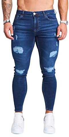HUNGSON Men's Ripped Skinny Jeans Stretchy Slim Fit Jeans Pants for Men, Dark Blue Ripped 2, 38