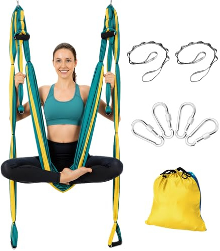Aerial Yoga Flying Yoga Swing Set Yoga Hammock Sling Inversion Tool Aerial Pilates Silk for Gym Home Fitness (with 2 Extensions Straps)