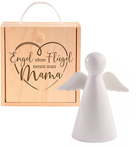 Casa Vivente Weißer Porzellan Schutzengel in Holzbox mit Gravur für Mama, Engelfigur als Glücksbringer, Deko Engel als Muttertagsgeschenk, Geburtstagsgeschenk für Mütter