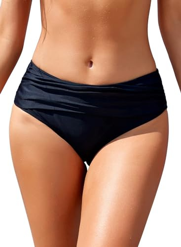 SHEKINI Womens Ruched Bikini Bottom Solid Medium Waisted Tummy Control Swim Bottoms Black