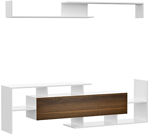 HOMCOM Mobile TV con Mensola a Muro, Ripiani Aperti e Armadietto in Legno, Mobile TV Moderno per Soggiorno e Camera da Letto, Bianco e Marrone