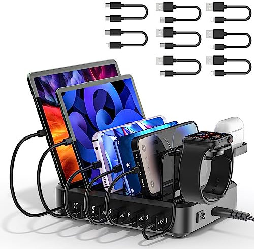 ZWOOS Estación de Carga USB 68W/12A con 6 Puertos y Carga rápida de 20W PD para iPhone 14/13, Soporte 2 en 1 para iWatch, Incluye 8 Cables para teléfonos, tabletas y Otros Dispositivos