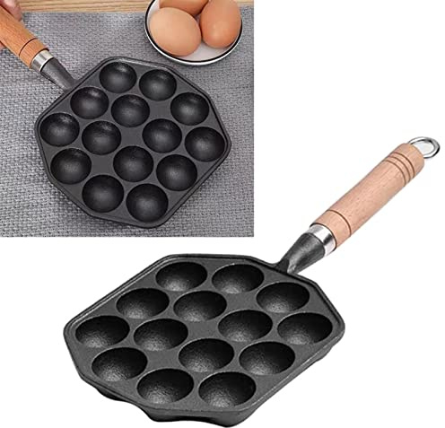 AYNEFY Griglia Takoyaki a 14 Fori in Ghisa Naturale, Padella con Manico Staccabile per Polpette di Polpo e Cottura Domestica