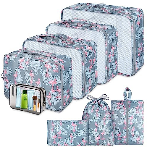 Sarsumir Koffer Organizer Set Packing Cubes, 8 Stück Reise Packwürfel Kofferorganizer Compression Packtaschen für Koffer mit Wasserdicht Schuhbeutel Kleidertaschen, Blauer Flamingo