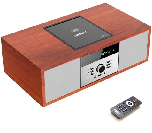 Nostalgic Bluetooth Stereo System for Home, WISCENT Vintage Micro HiFi Systems CD Player,with Bluetooth Audio Streaming,FM Radio,USB Port,Aux-in,Earphone Port (Brown)