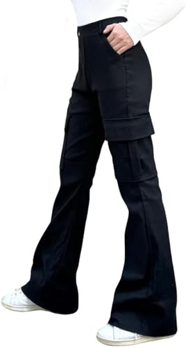 Nuofengkudu Women Black Cargo Flared Trousers Bootcut Elasticated Waist 4 Pockets Stretch Slim Fit Wide Leg Bootleg Pants Pull on Solid Skinny Bottoms Vintage Y2K Streetwear Teen School Work M